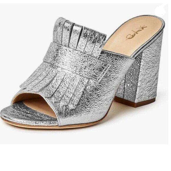 XYD Silver Open Toe Mules with Fringe Slip On High Chunky Heels Summer Sandals - Picture 1 of 8